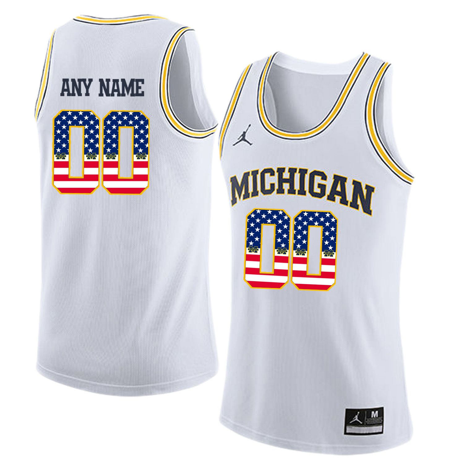 Men Jordan University of Michigan Basketball White #00 Any name Flag Customized NCAA Jerseys